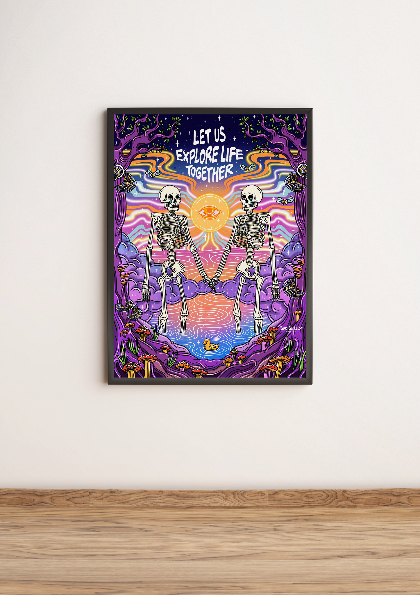 Explore life together skeleton trippy art print wall poster