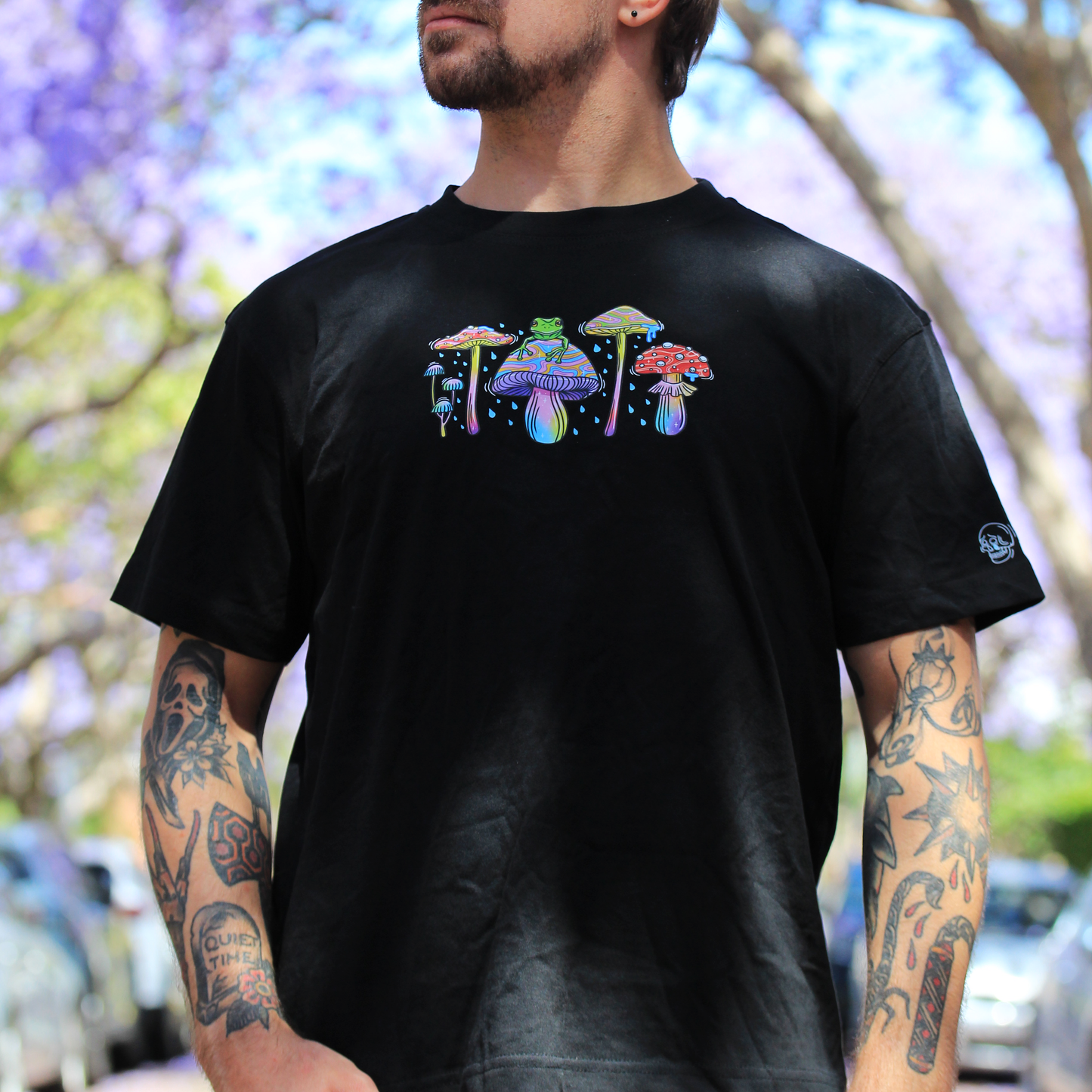 The Frog and Mushrooms Short Sleeve Black Tshirt