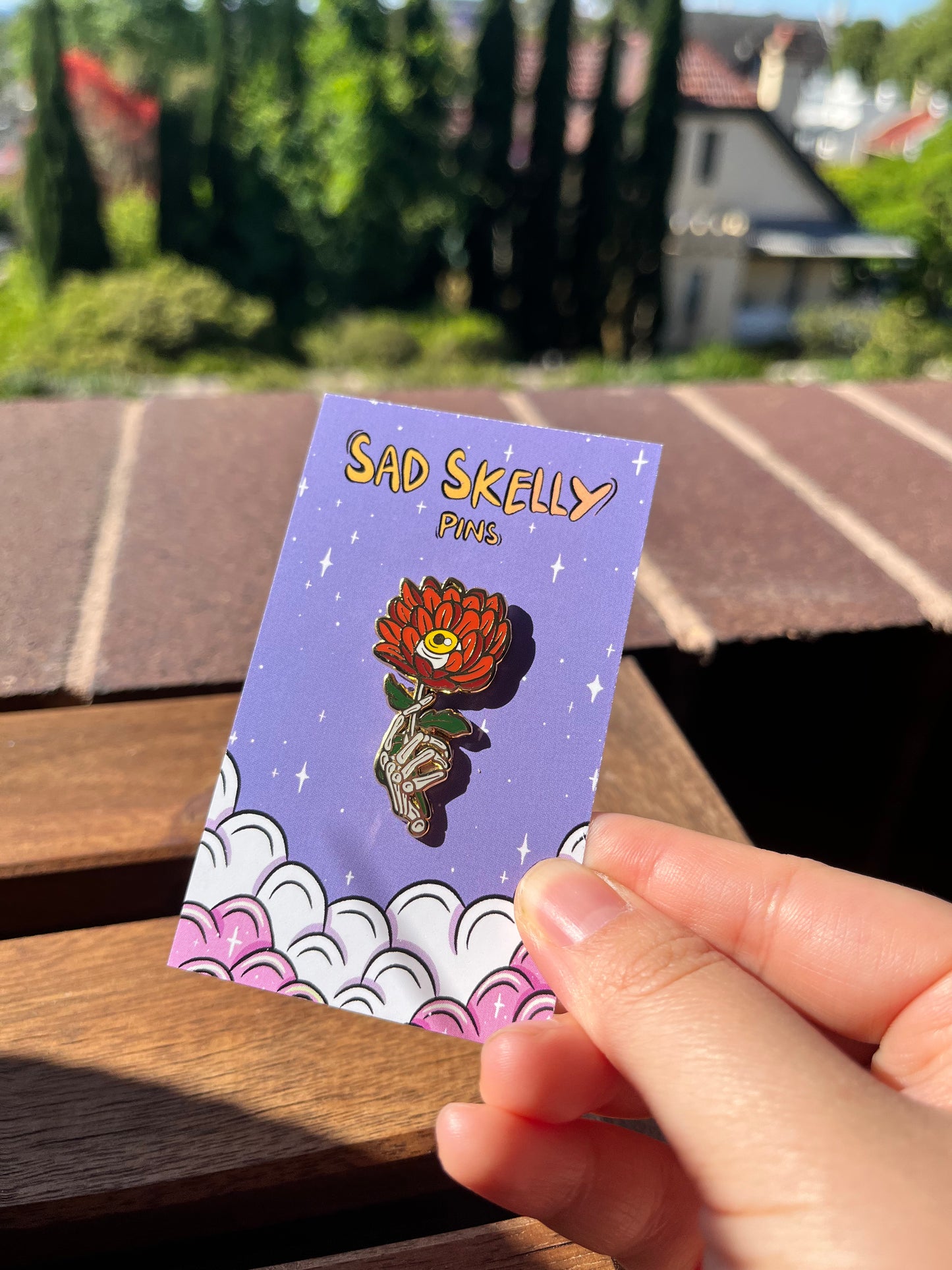 Trippy Red Flower Hand Enamel Pin