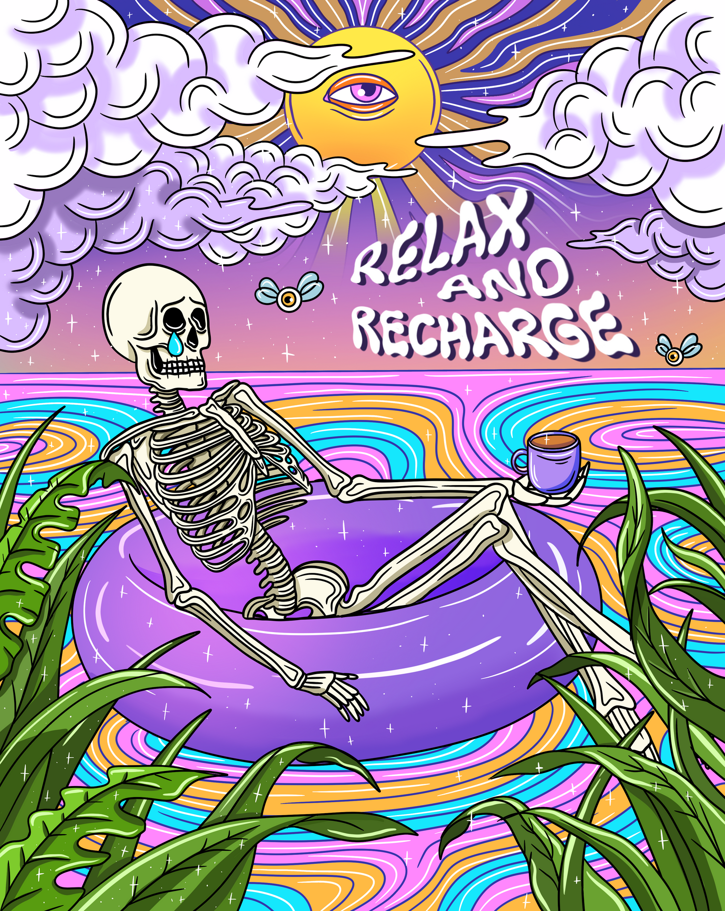 Relax and Recharge Skeleton Art Print Trippy Wall Poster