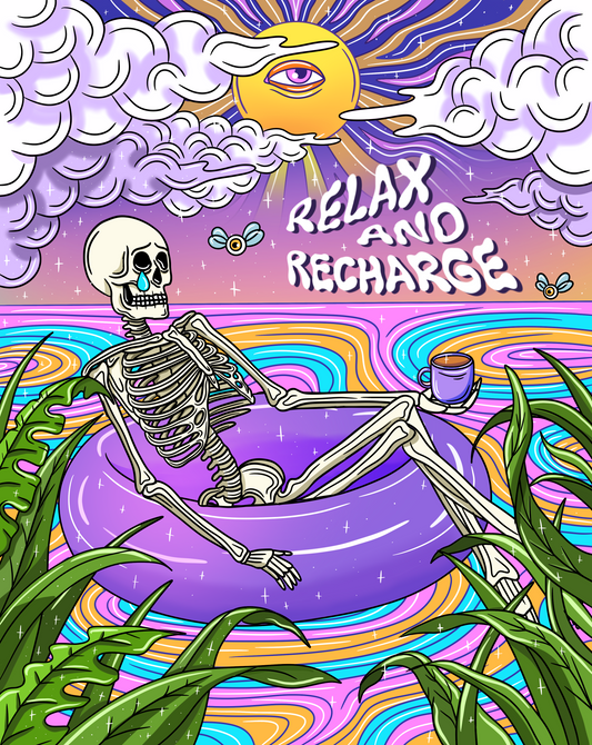 Relax and Recharge Skeleton Art Print Trippy Wall Poster