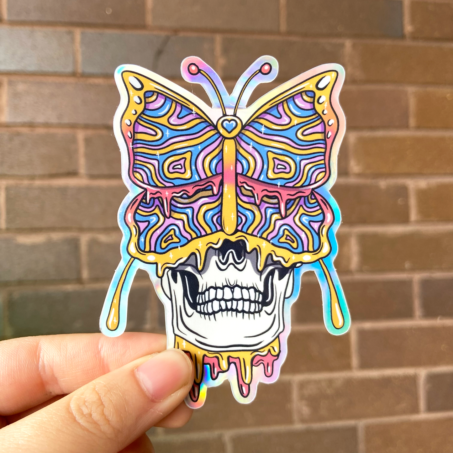 Butterfly Skull Trippy Holographic Sticker