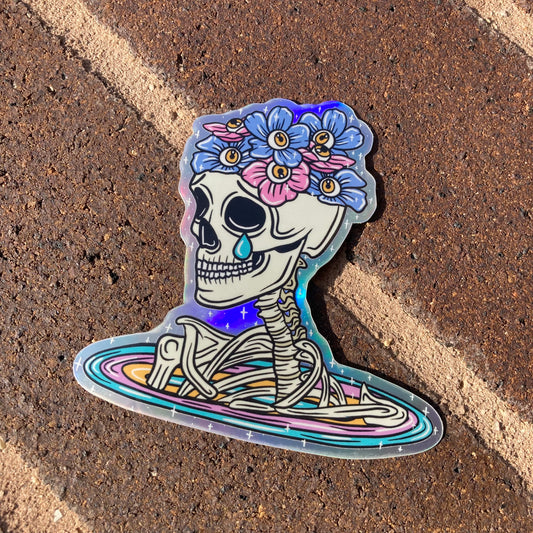 Flower Sad Skelly Holographic Sticker