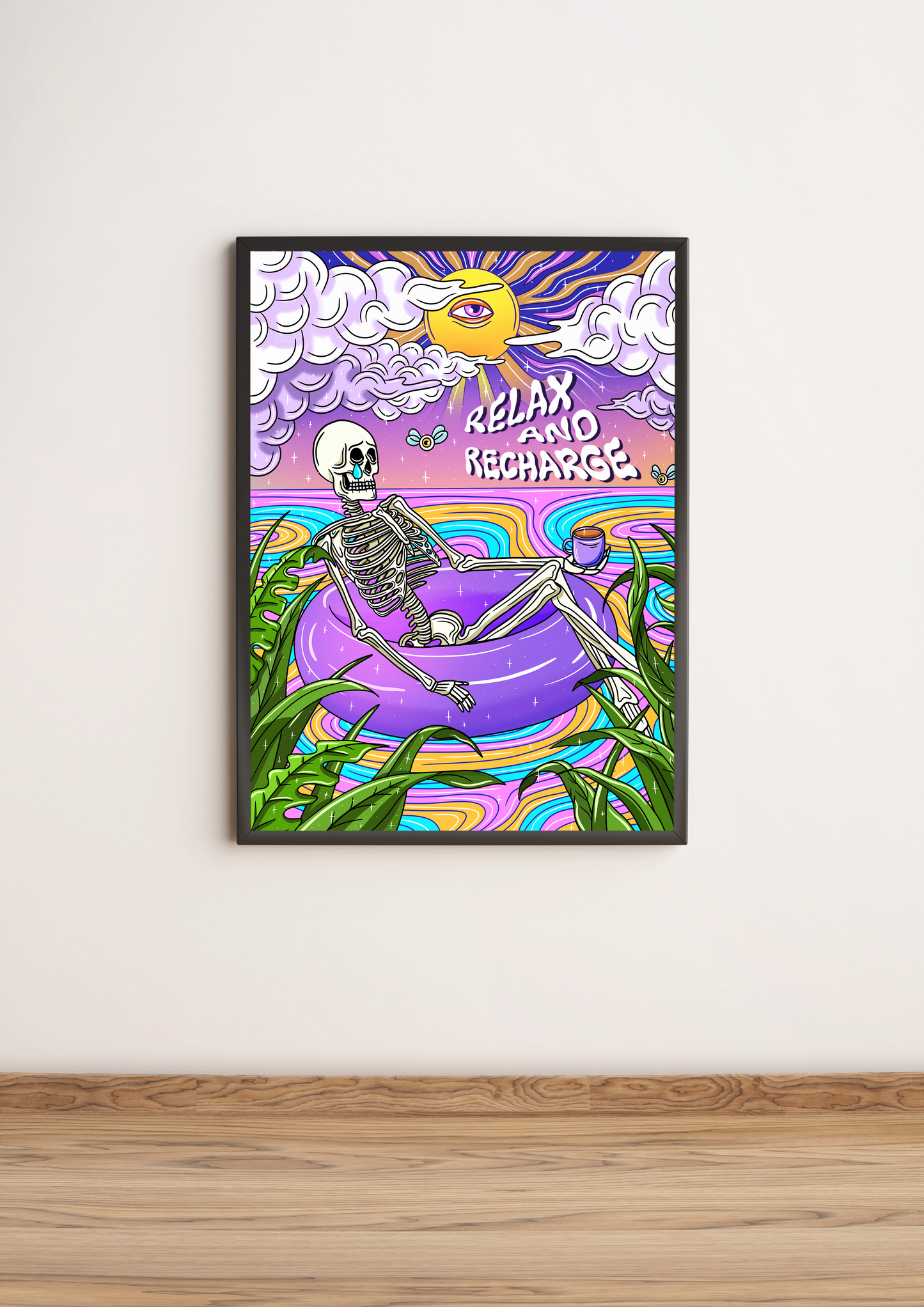 Relax and Recharge Skeleton Art Print Trippy Wall Poster