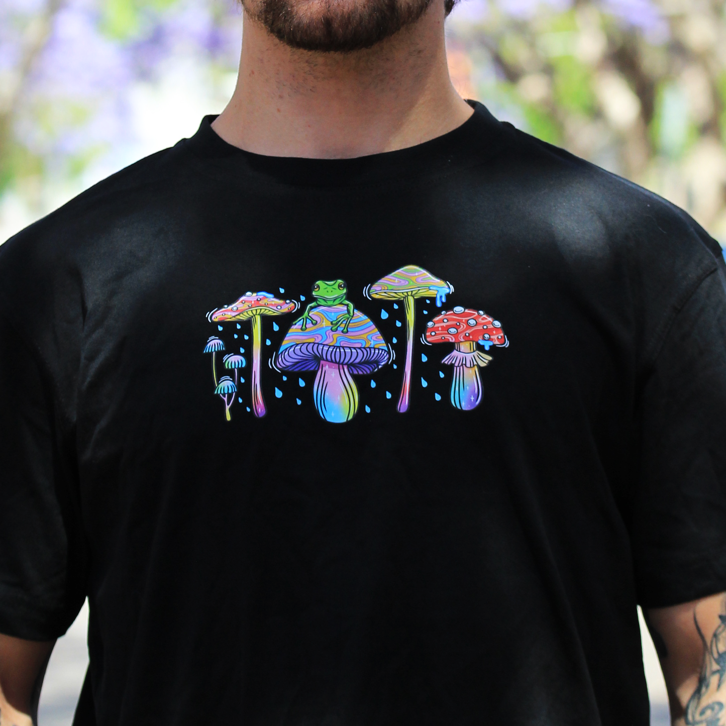 The Frog and Mushrooms Short Sleeve Black Tshirt