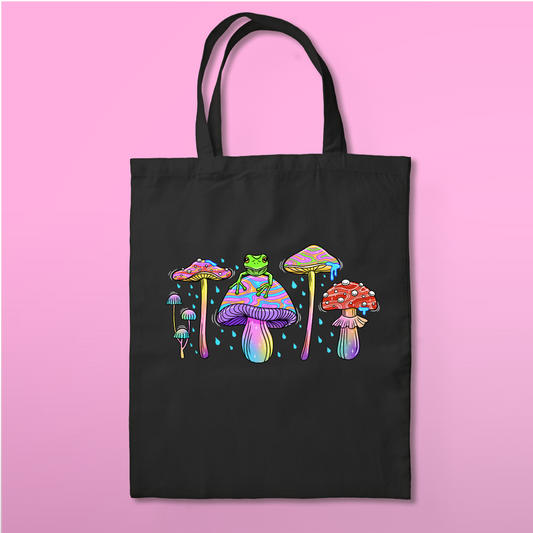 The Frog and Mushrooms Black Tote bag