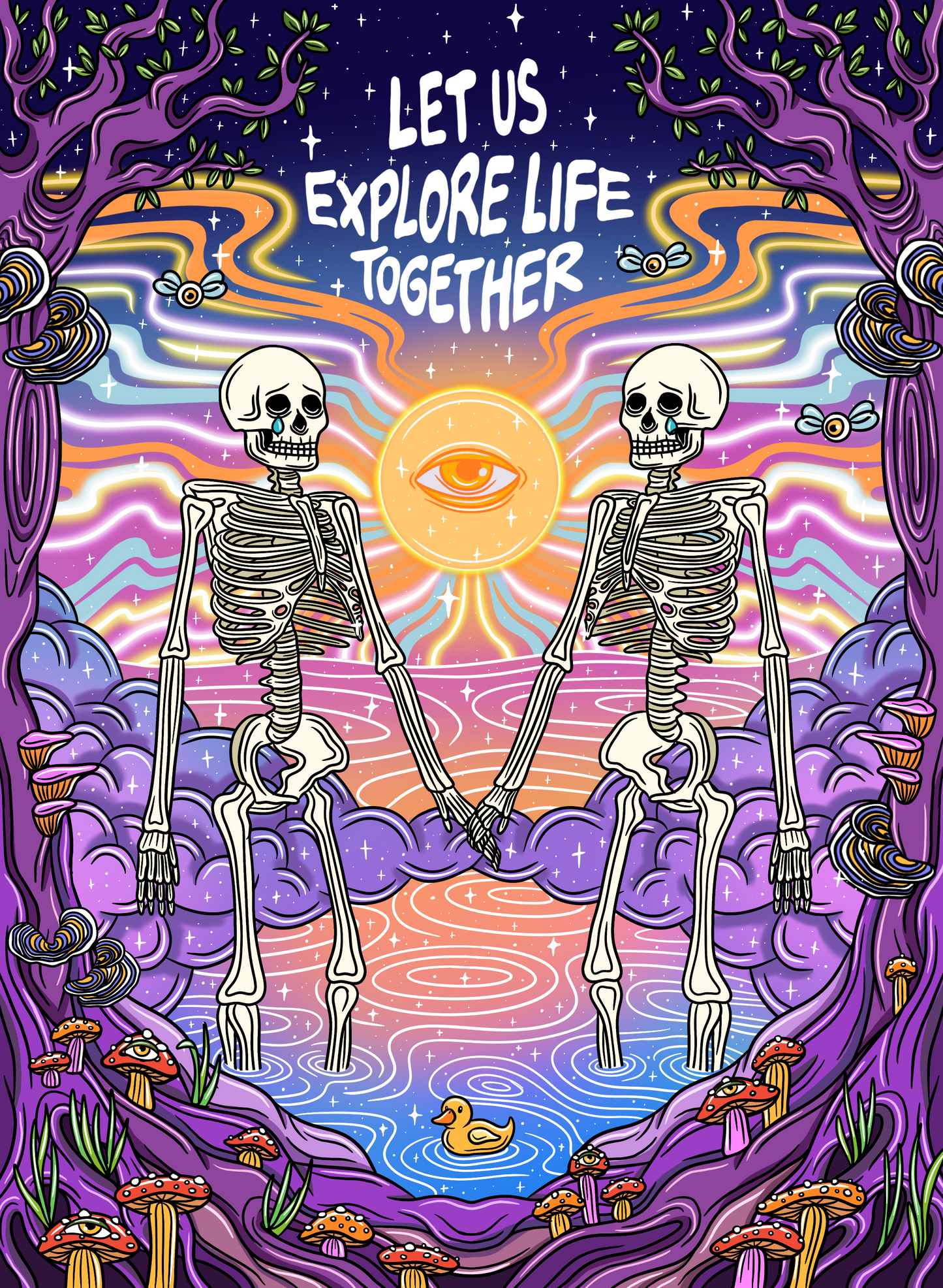Explore life together skeleton trippy art print wall poster