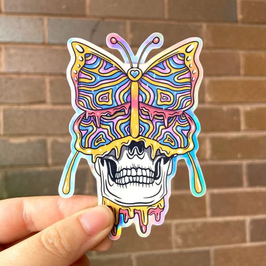 Butterfly Skull Trippy Holographic Sticker