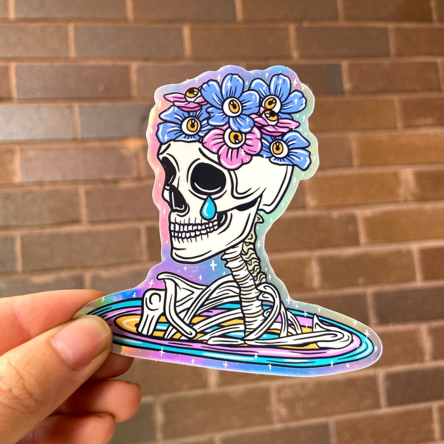 Flower Sad Skelly Holographic Sticker